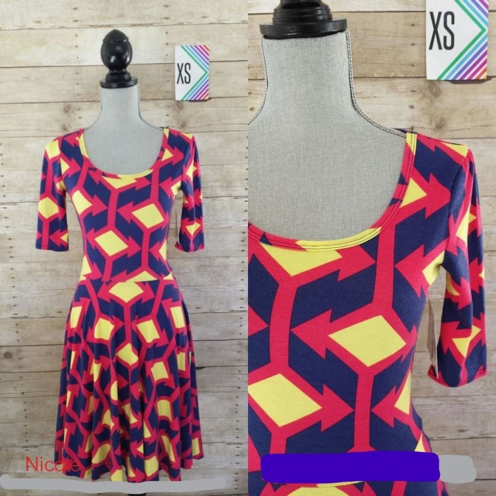 NWT LuLaRoe Nicole Dress XS - Blue & Yellow Geometric Design on Navy